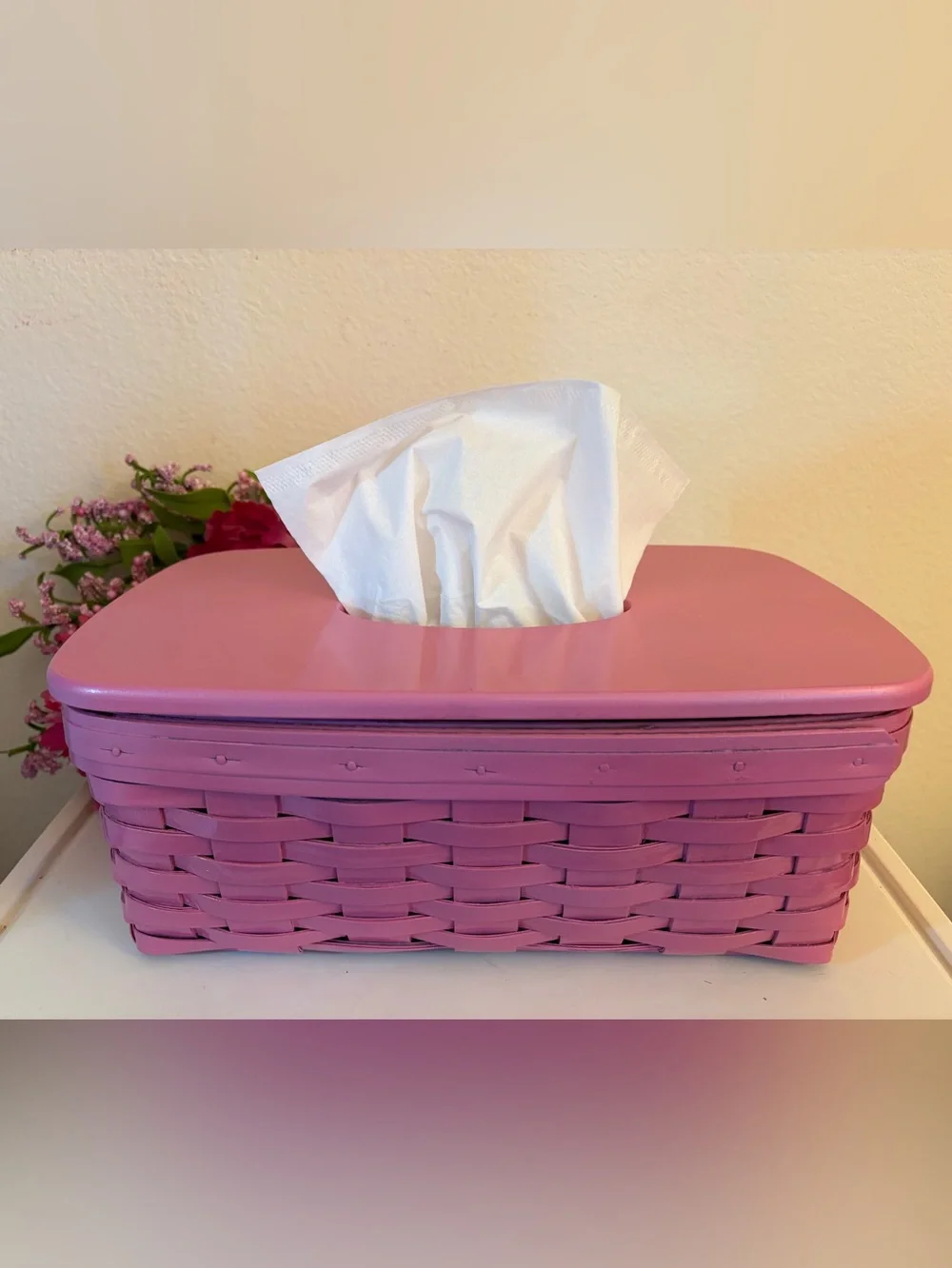 Vintage Longaberger Large Tissue Basket with Wood Lid, Painted Pink Gloss